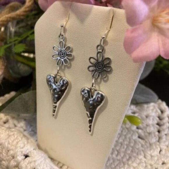 Hammered Heart/Flower Drop Earrings - Picture 2 of 6